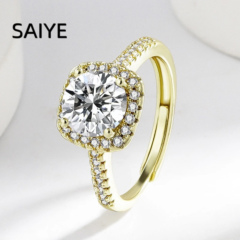 925 Sterling Silver Cushion Halo Ring for Women Gold Tone Sparkling Zircon Open Adjustable Band Wedding Ring Fine Jewelry Gift