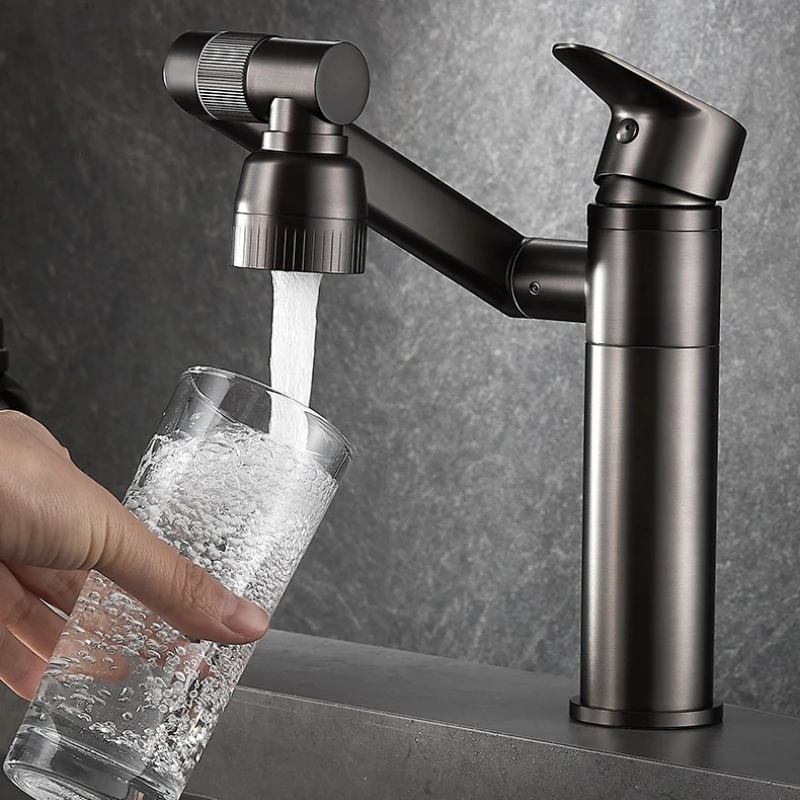 Premium Gun Gray Lucky Cat Faucet Swivel Mechanical Arm 2 Spray Modes Splash Proof Water Hot Cold Water Bathroom Wash Basin Tap