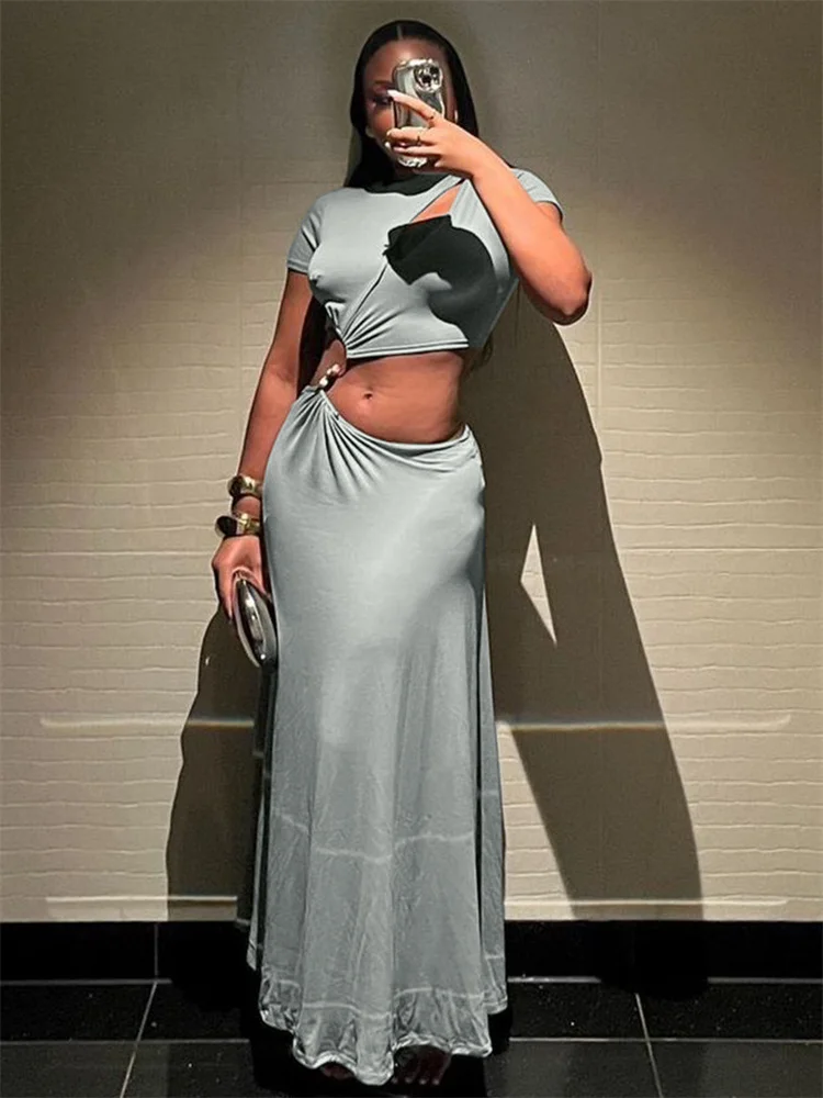 Nieregularna Sukienka Hollow Damska z Dekoltem O-Neck Bez Talii Patchwork Falbanki Dół Wiosna 2025 Moda Elegancka Szykowna Długa Obcisła