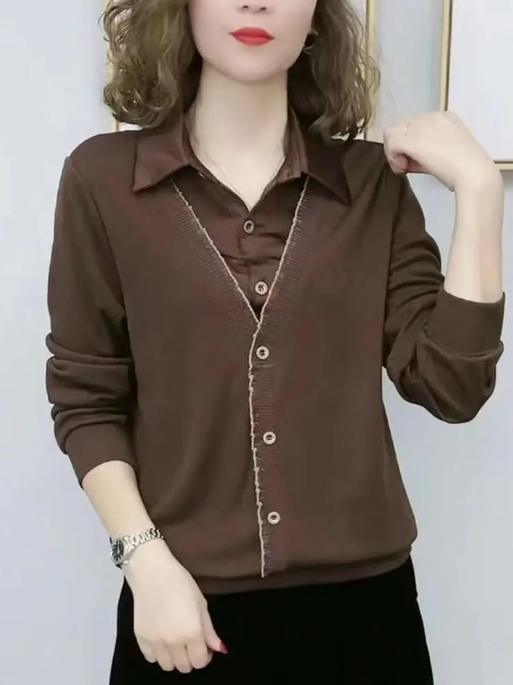 Faionable Casual Long Sve irt Women's Spring Autumn New Sle Splicing Design Mom Clothes Ele Sle  Collar Ca...