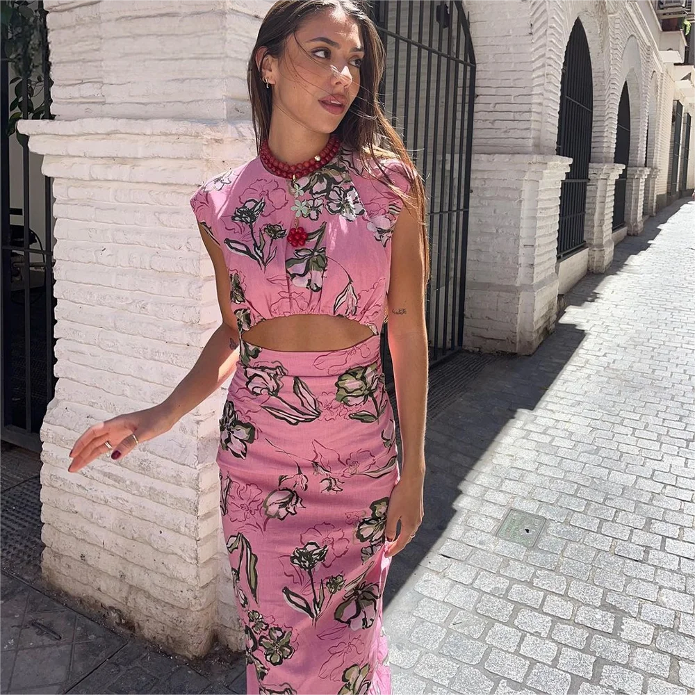 KONDALA 2026 Spring Summer Sexy Women Print Flower Dress Fashion Elegant O Neck Slim Hollow Out Pencil Dress Chic Party Dress