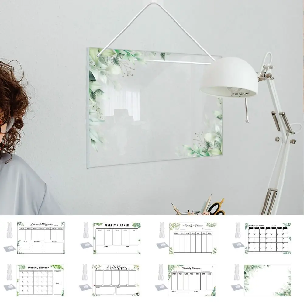 Creative Transparent Message Board Monthly Weekly Wall Hanging Display Board Acrylic Green Leaves Pattern Plan Schedule Tool