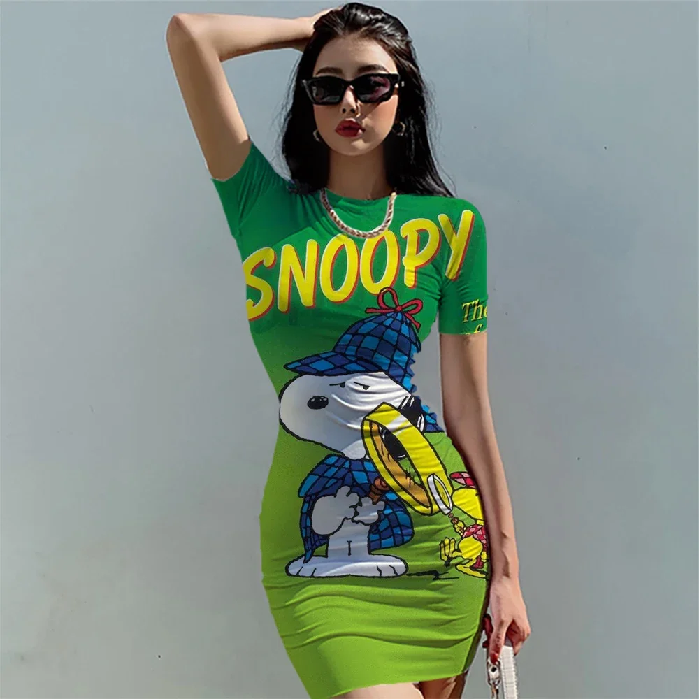 Falda de manga corta con estampado de Snoopy, minivestido Sexy de verano para mujer, cuello redondo, ajustado, informal, a la moda, ropa de fiesta