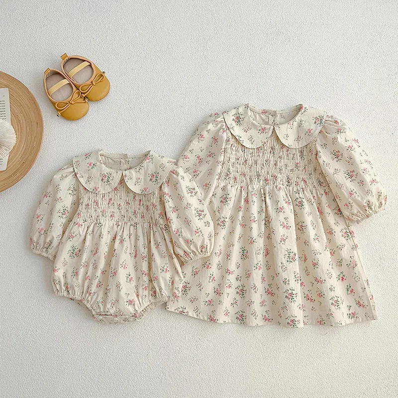 

Spring New Style Baby Girl Clothes Long Sleeve Romper Doll Collar Gathered Floral Girl Dress Sister Outfit