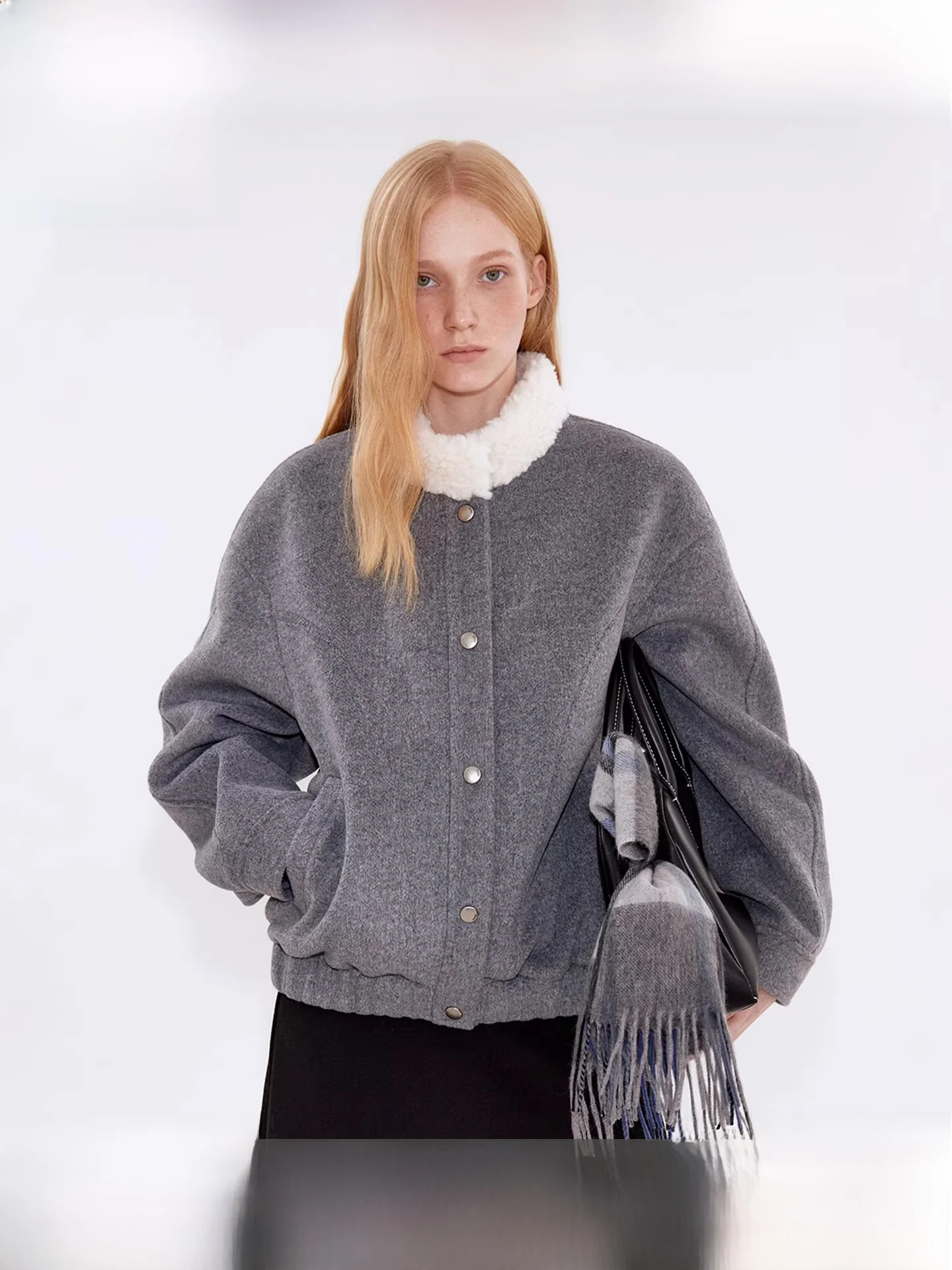 

Fano ey Oaeal Faux Fur Stand Collar Loose oulder Casual Sle Women's Woolen Jaet Long Sve Button Closure Coat