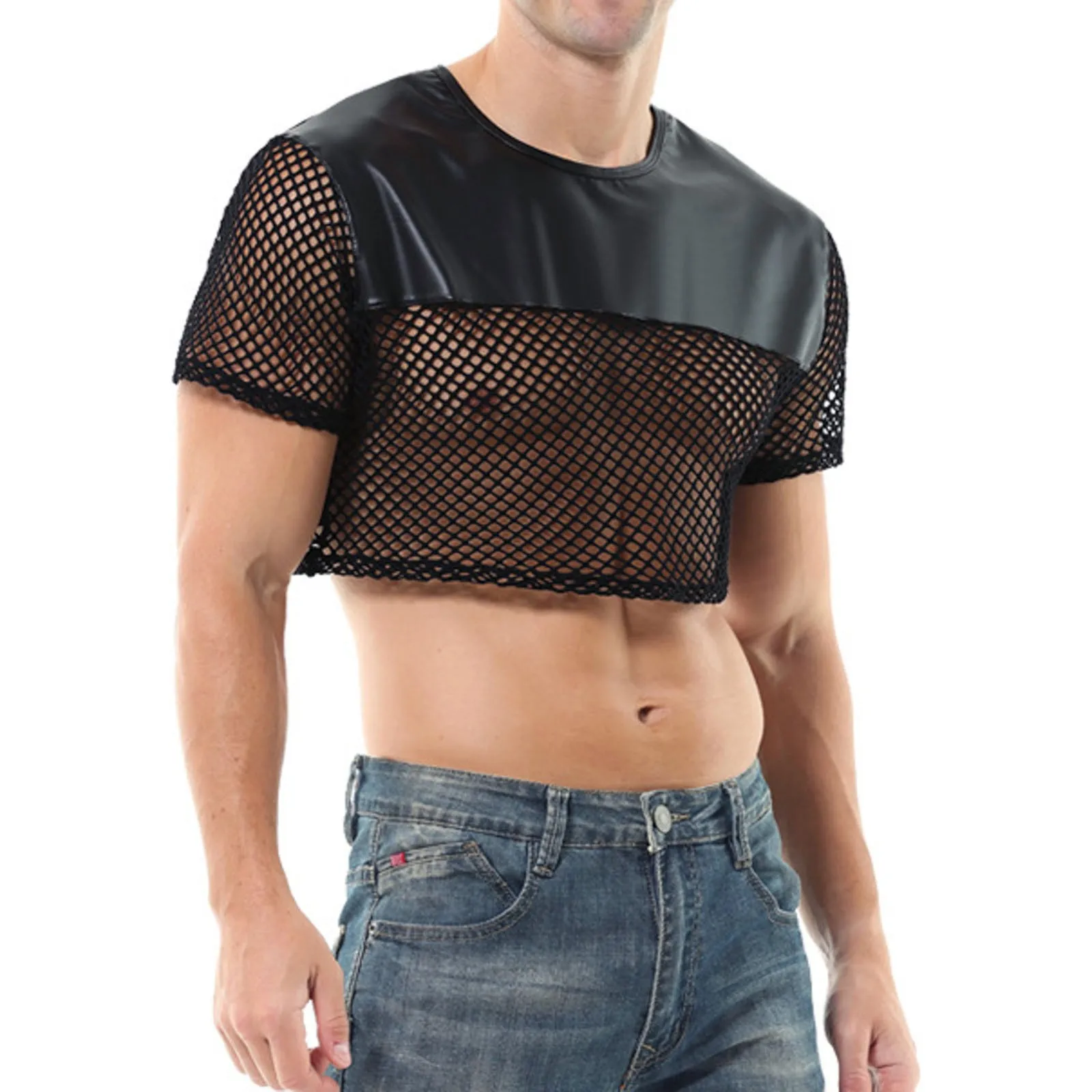 Sexy Men Crop Tops T-Shirts Hot Sale Stylish Camiseta Short Sleeve Patchwork See Through Streetwear Nightclub Men Clothing 2023