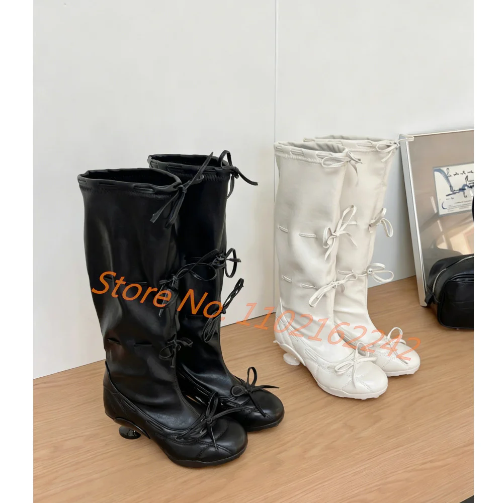 Bow-Tie Ballet Knee-High Boots Women'S Round-Toe Low-Heeled Leather Stretch Boots Fashion Runway Summer Modern Women'S Boots 46 view 2