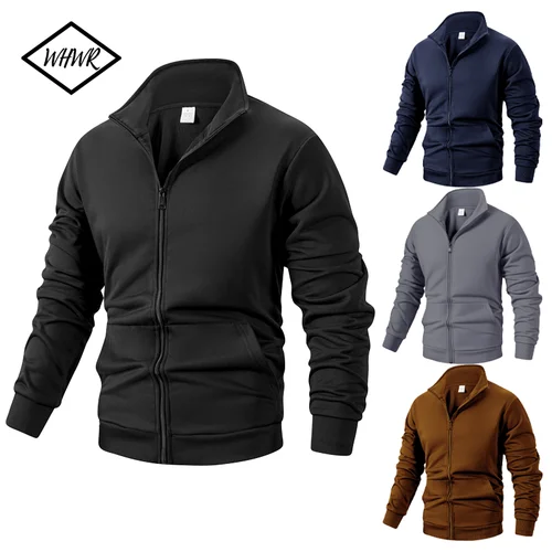 Imagen 1 del producto Chaqueta de manga larga con cremallera para hombre, abrigos de Color sólido, sudaderas cálidas de S-3XL de otoño, chaqueta de béisbol informal, ropa de calle al aire libre