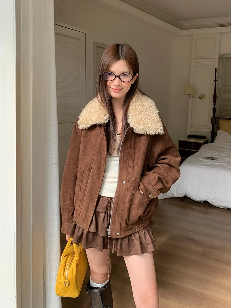 

iny Brown Lamb Fur Jaet Женское зимнее замшевое пальто Thi Warm American Retro Or Coat Top Ladies Commute Sle Loose Fit Zipper