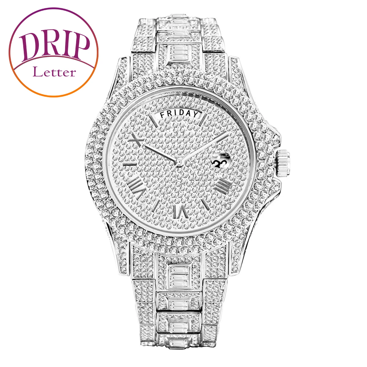 Drip Letter Dual Calendar Watch for Men Quartz Clock Luxury Rhinestone Business Waterproof Hip Hop Fashion Jewelry 2023 Trend