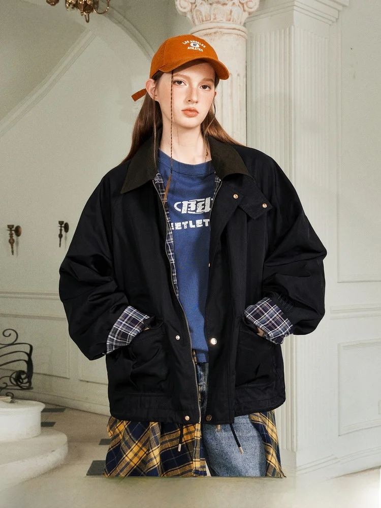 

Beetle Town, повседневная клетчатая куртка со свободным воротником, женская рабочая одежда для пар, 2025 Sle, теплое пальто на молнии, нейтральное G