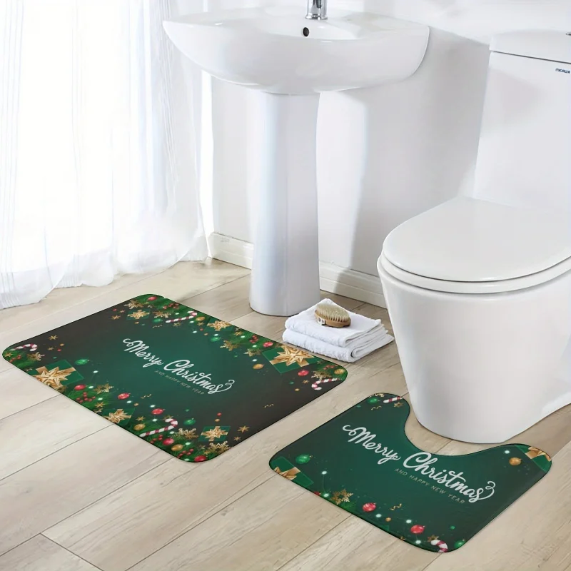 Set da 2 pezzi, sfondo verde Buon Natale, tappeti da bagno in spugna ad alta resilienza addensata da 600 g, stile etnico, micro antiscivolo