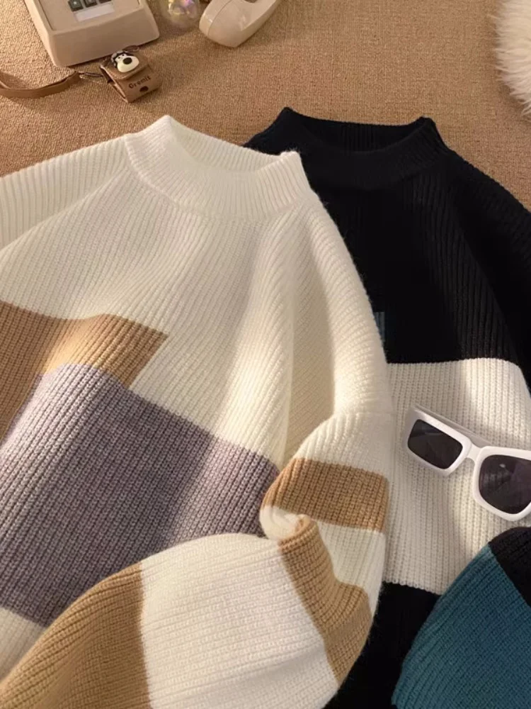 

Модный мужской вязаный свитер на осень-зиму, свободный крой, с длинным рукавом, круглым вырезом, в полоску, с цветовыми блоками, в стиле Lazy Style, базовая модель