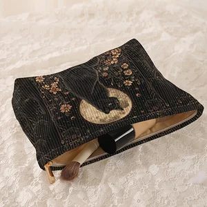 Vintage Moon Black Cat Floral Print Zipper Storage Pouch Multifunctional Cosmetic Bag Portable Travel Makeup Organizer Purse