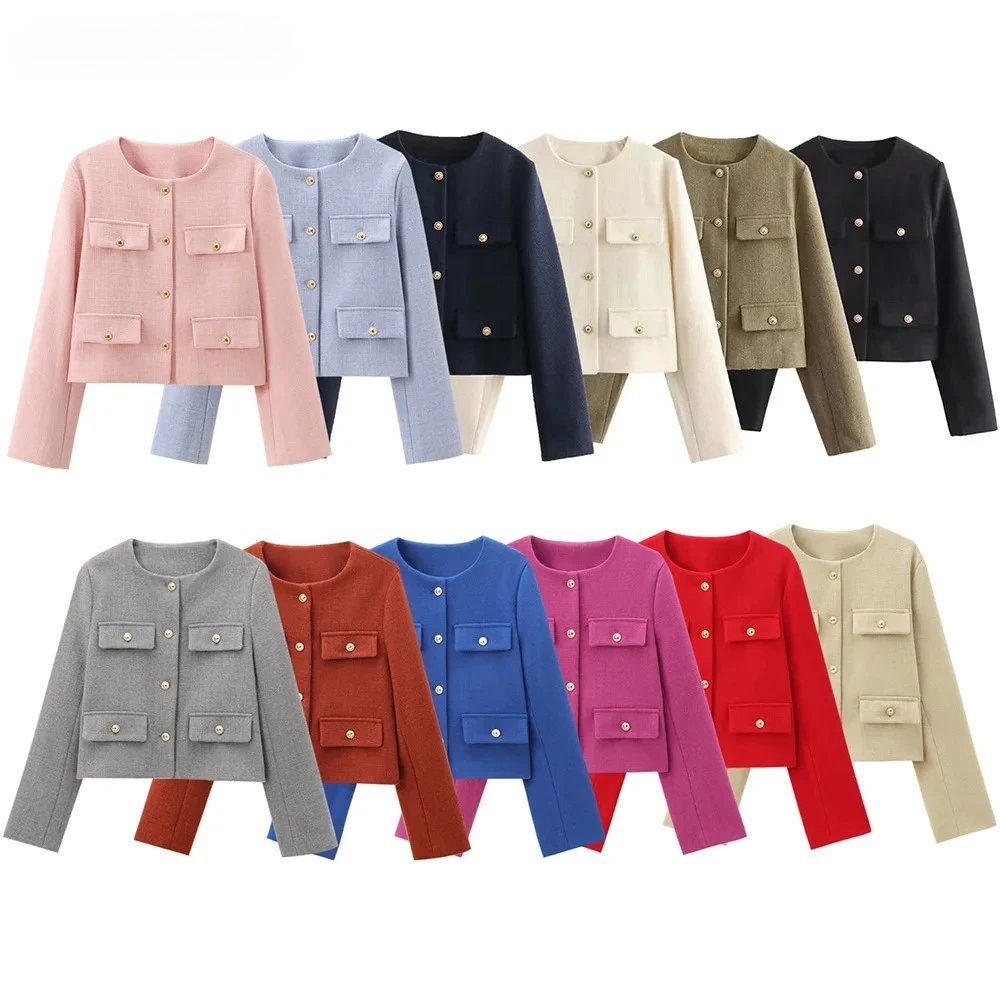 

Autumn Winter New Product Women Fashion Casual Versatile Round Neck Flip Decoration Short Female Suit Coat