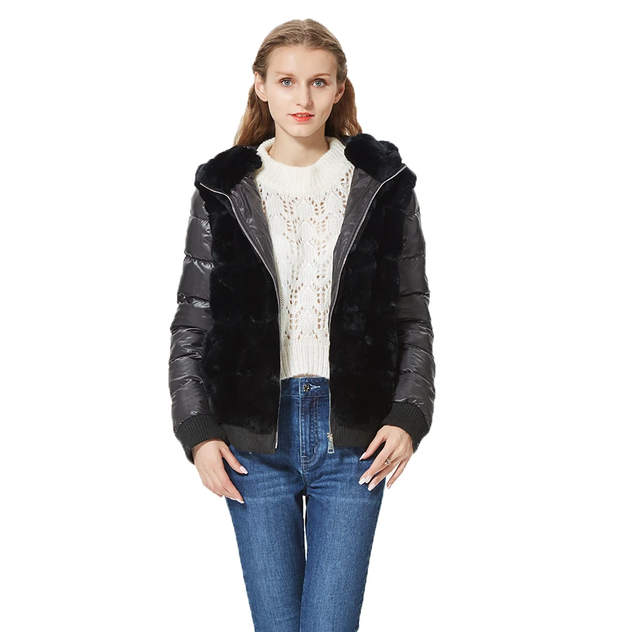 Natural Short Rex Rabbit Fur Coat Women Winter Fur Jacket With Fur Hood Fanshion Down Sleeves Coat Sporty Best Selling Styles