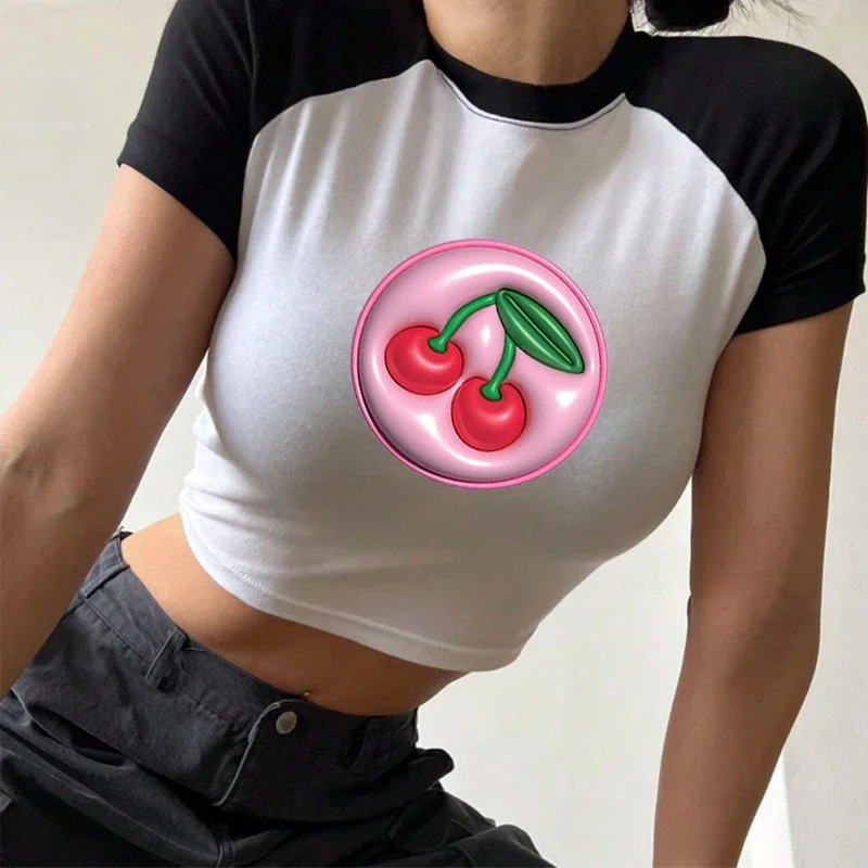 Vintage Aesthetic Cherry T-Shirt Streetwear Y2k Cute Slim Baby Tee Raglan Sleeves Summer Party Tee Hot Girl Tops Crop Tops