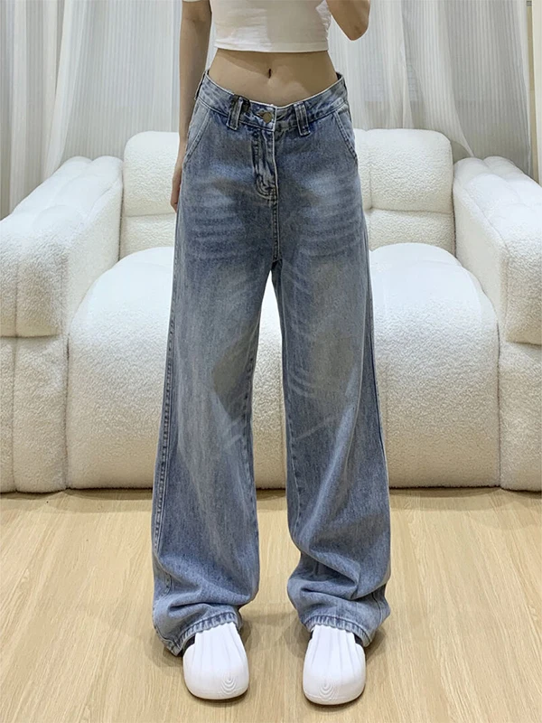 Retro Amerikanische Ausgewaschene Jeans für Damen mit Niedriger Taille, Weitem Bein und Geradem Schnitt, Herbst-Neuheit der Marke Sle PmORh