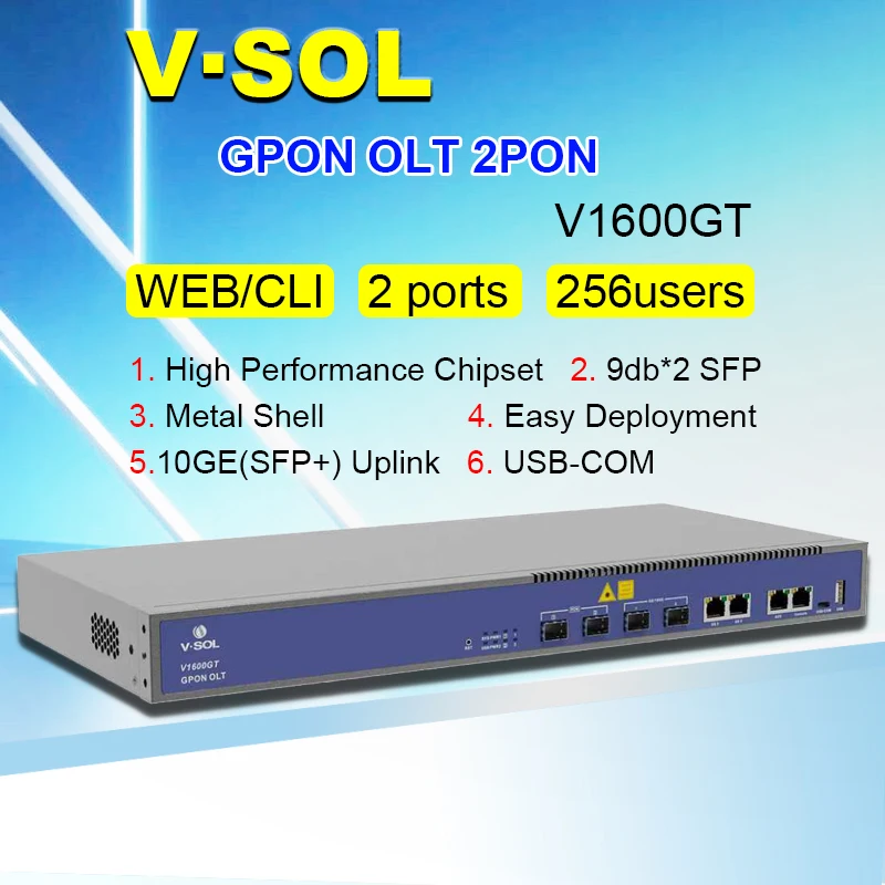 

VSOL 2PON GPON OLT 10G Uplink C++ 9dB GBIC SFP, одномодовый, с питанием переменного тока, поддержка 256 ONU, MINI GPON OLT, 2 порта, V-sol