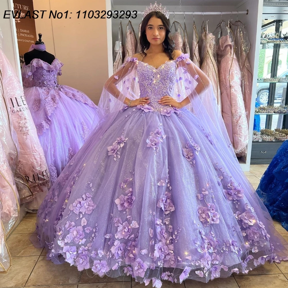 EVLAST Customized Lilac Quinceanera Dress Ball Gown 3D Floral Applique Beading Cape Corset Sweet 16 Vestido De 15 Anos E1Q144