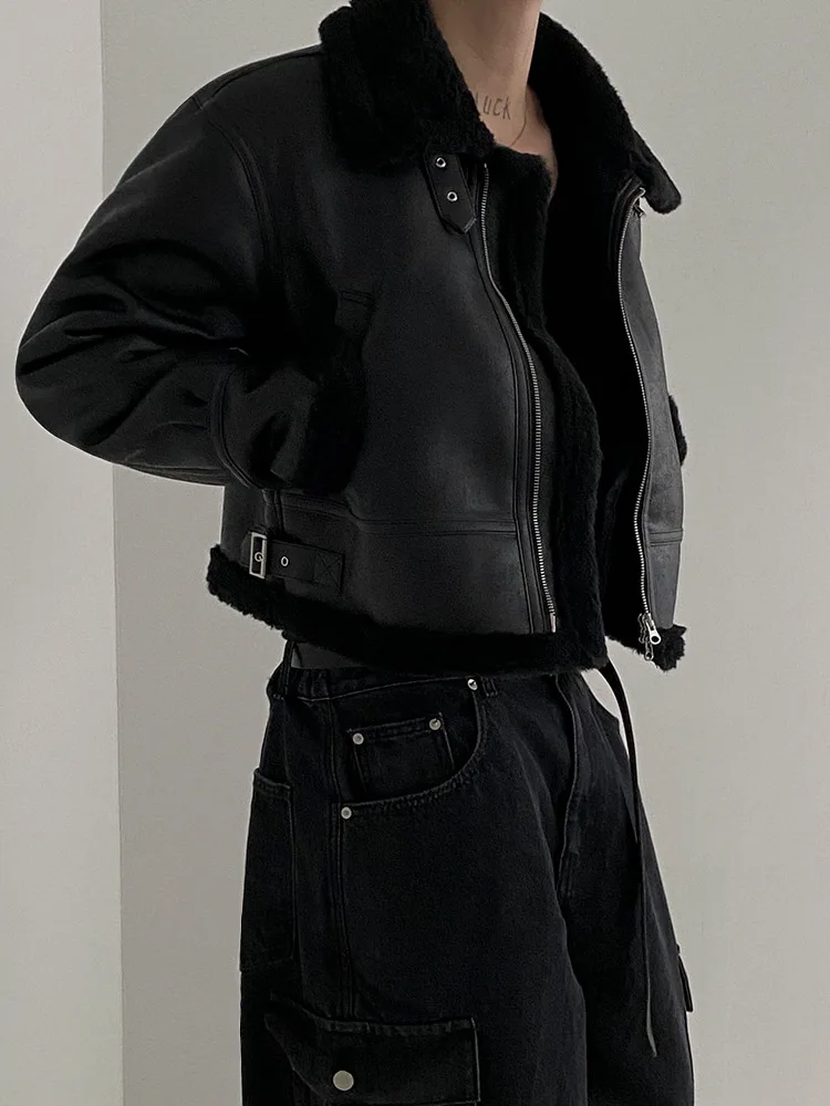 Winter Fur One-piece Cotton-padded Coat Men\'s Winter Korean-style Loose Suede Deer Leather Lambskin Motorcycle Leather Jacket