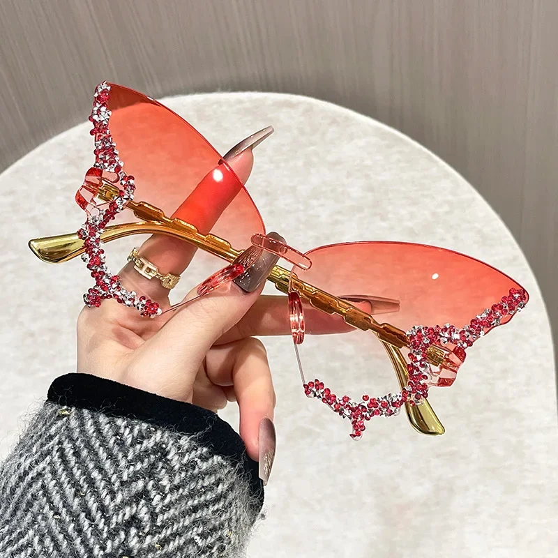 Luxury Butterfly Sunglasses Women Brand Y2K Vintage Rimless Oversized Sun Glasses Ladies Eyewear Shades UV400 Goggles