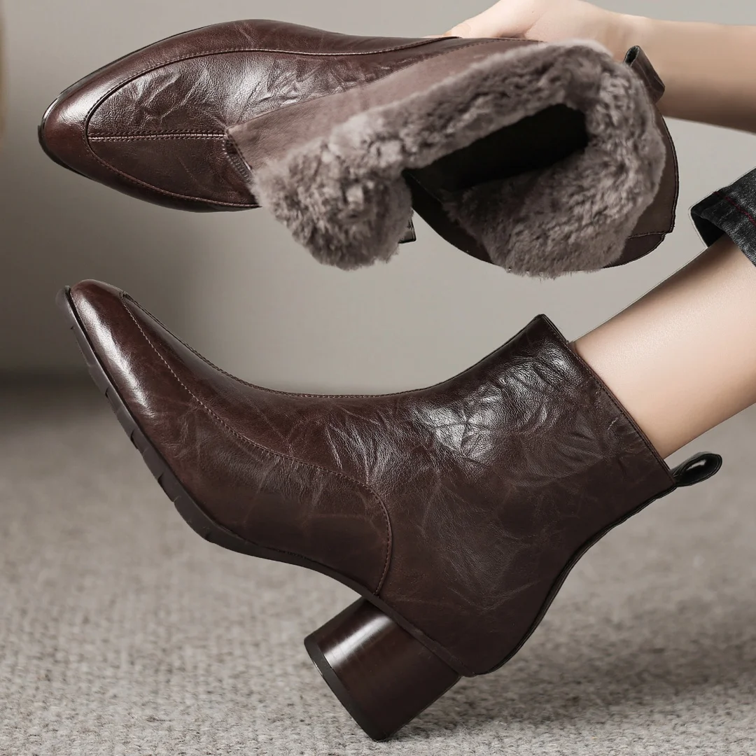 

Women's genuine leather pointed toe side zip wool inside winter ankle snow boots elegant ladies 5cm round med heel dress booties