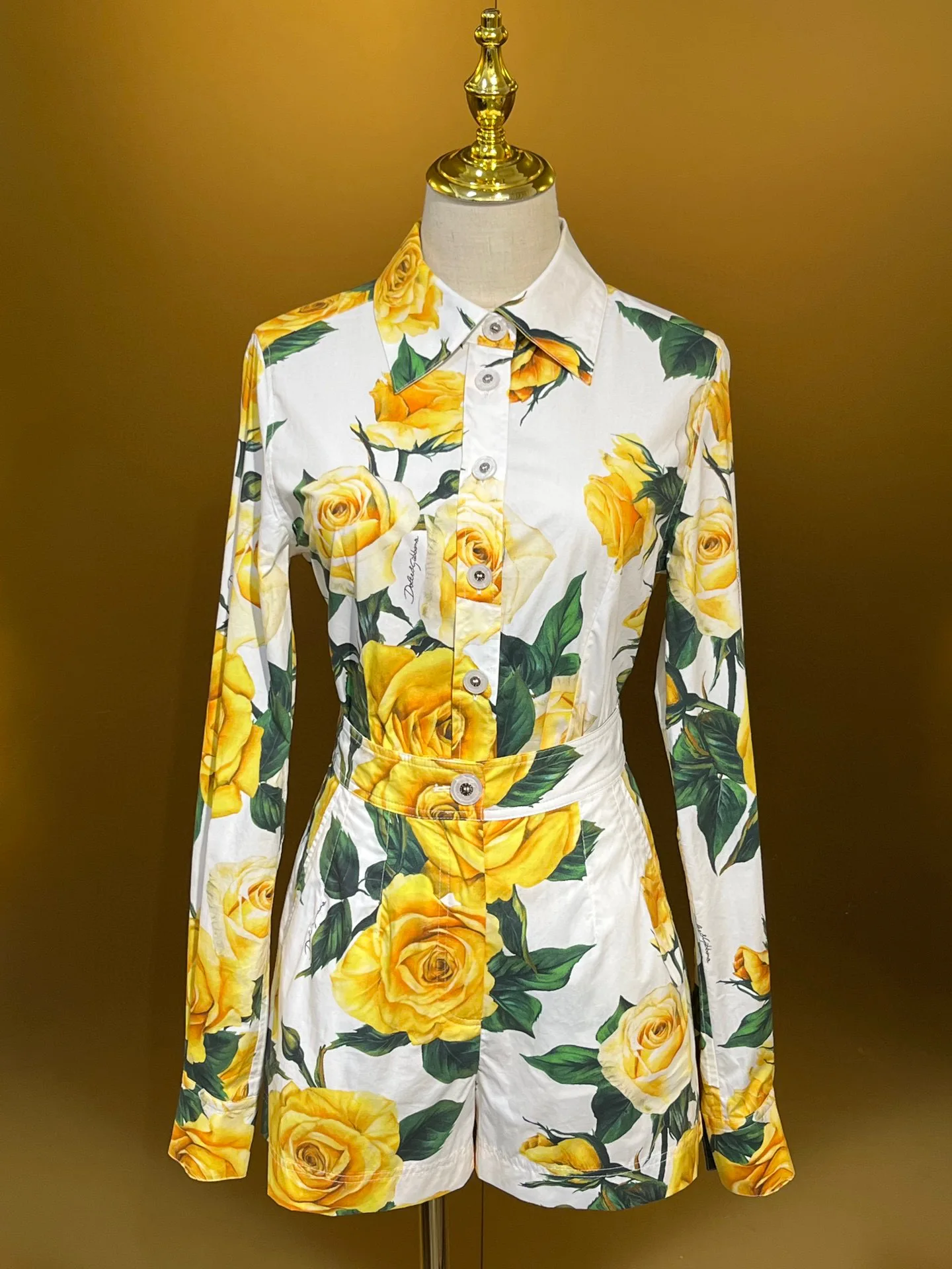 2025 New Arrival 100% Cotton White Base Yellow Rose Print Long-Sleeve Shirt Women's Retro Slim-Fit Elegant Top