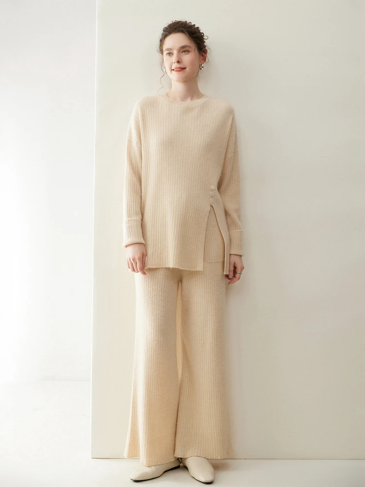 

Thick100% Cashmere knitted Sweater Casual Two-Piece Suit Women's Flared Hem Pullover Pants Suit High-Quality Fashionable Sweater