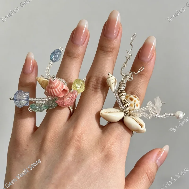 

Ocean Style Conch Open Ring Handmade Beaded Shell Tassel Rings Retro Personality Adjustable Finger Ring Luxury Women Jewelry