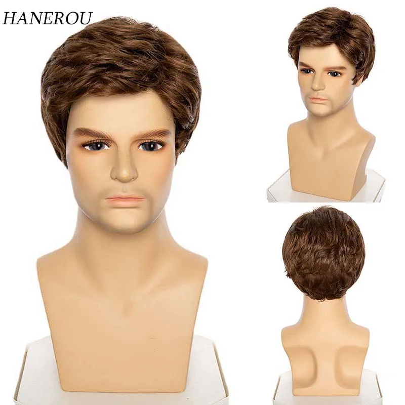 

Synthetic Wig Short Brown Wig Male Curly Haircut Guys Natural Wig For Men Cosplay Halloween Costume Fake Hair