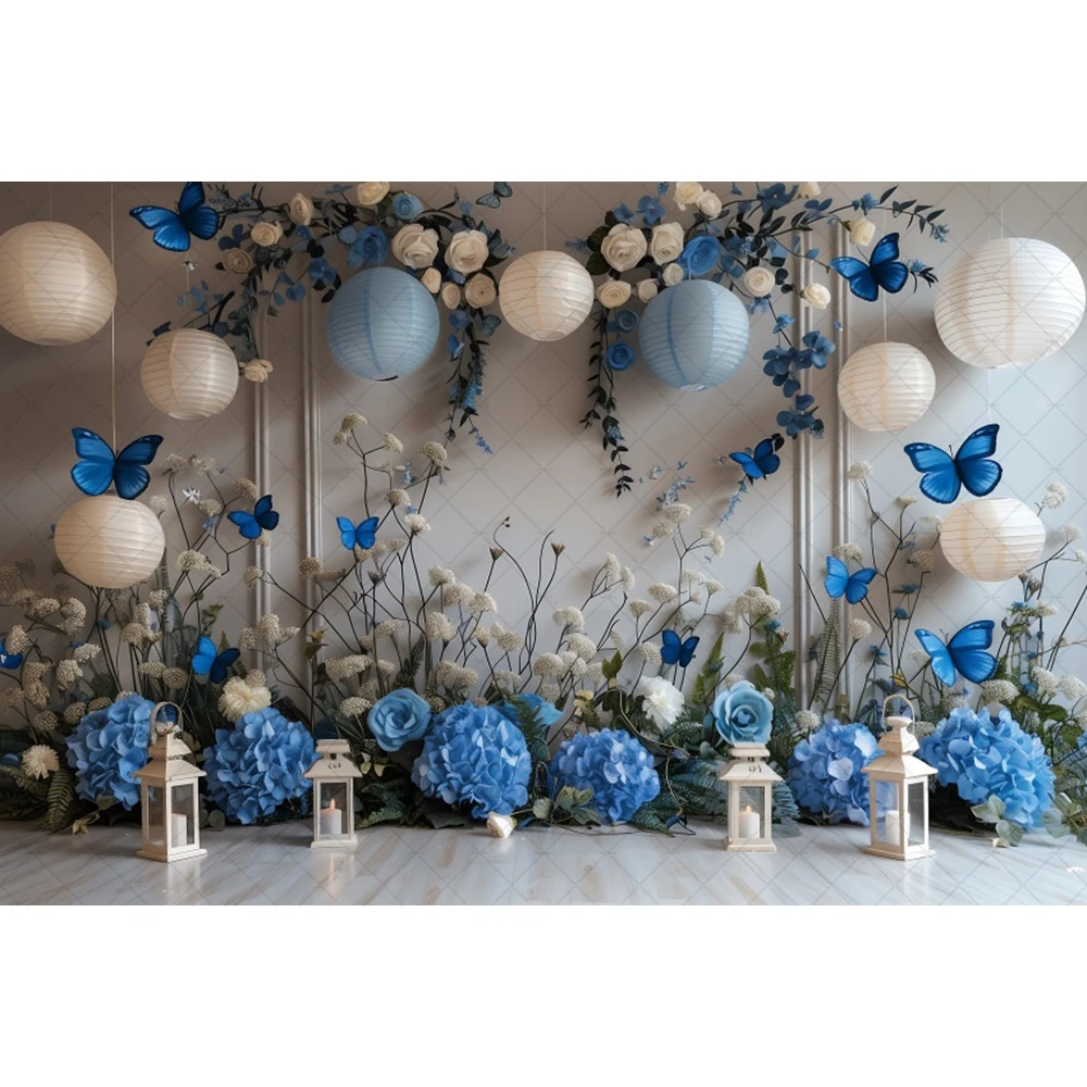 Fondo de fotografía de boda de mariposa degradado azul, retratos de flores de fantasía personalizados, decoración de fotos, accesorios de estudio fotográfico