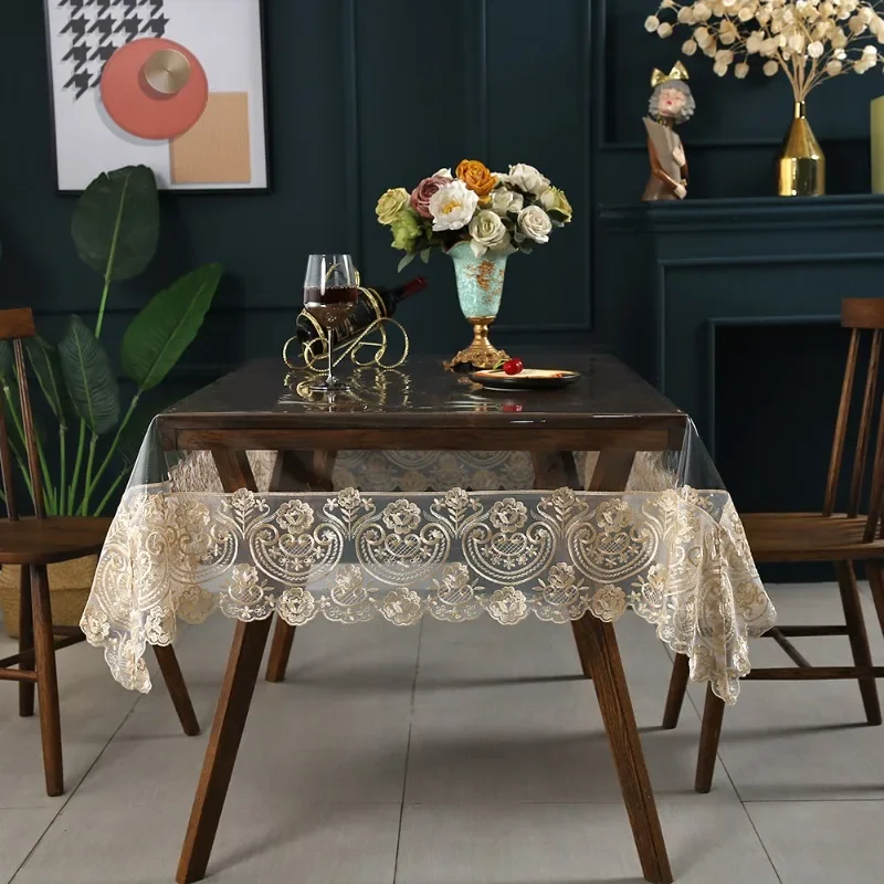 PVC Table cloth Rectangle Waterproof Transparent Round Dining Table Cover TableCloth Soft Lace Embroidered Oil-proof Table Cover