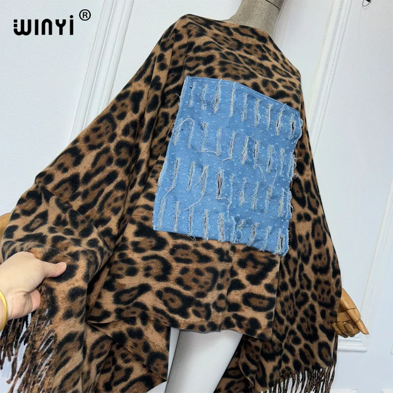 WINYI Ursprung Leopard Winter Denim Patchwork Mode Urlaub Kleid Poncho Top Party Ponchos für Frauen Mantel Maxi Oberbekleidung