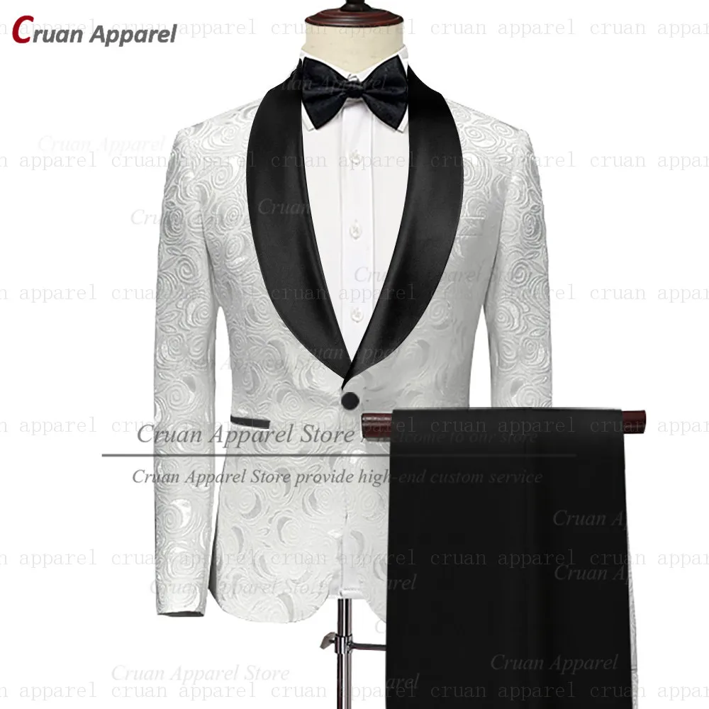 

2022 Fashion White Jacquard Wedding Men Suit Set Tailor-made Slim Fit Groom Groomsman Tuxedo Luxury Party Prom Blazer Pants 2Pcs