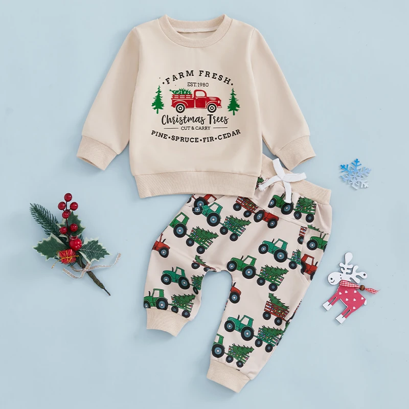 Baby Clothing Boy Fall Outfit Christmas Truck Print Long Sleeve Sweatshirt and Elastic Pants 2 Piece Clothes for Toddler