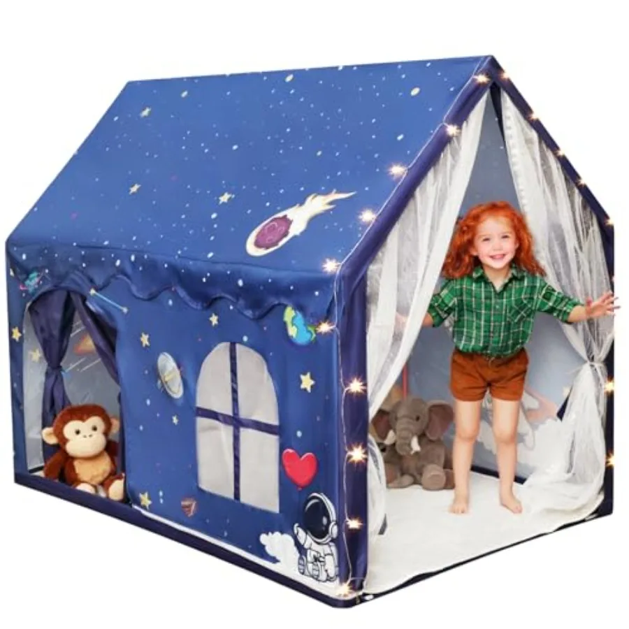 

Indoor kids space tent for bedroom playhouse use, polyester fabric with blue color, star light feature and padded mat included,