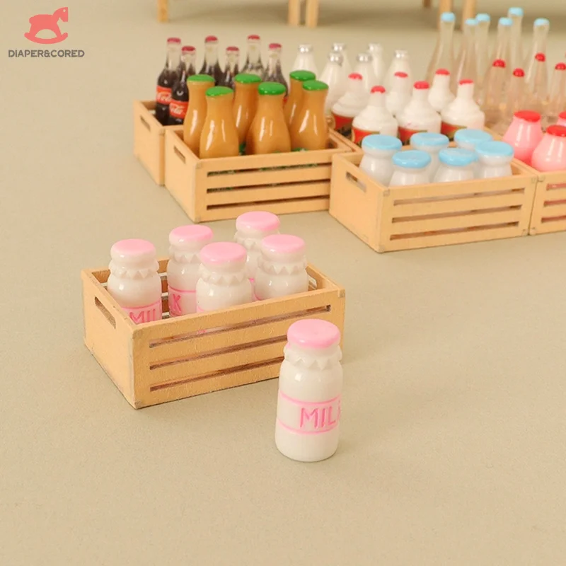 

7pcs Dollhouse Miniature Milk Bottles W/Storage Frame Wine Bottle Drink Holder Kitchen Decor Toy Doll House Accessories