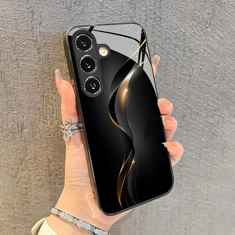Black gold laser curved pattern glass phone case suitable for Samsung Galaxy S26 S25 S24 S22 S21 S20 FE/Ultra/Plus anti drop