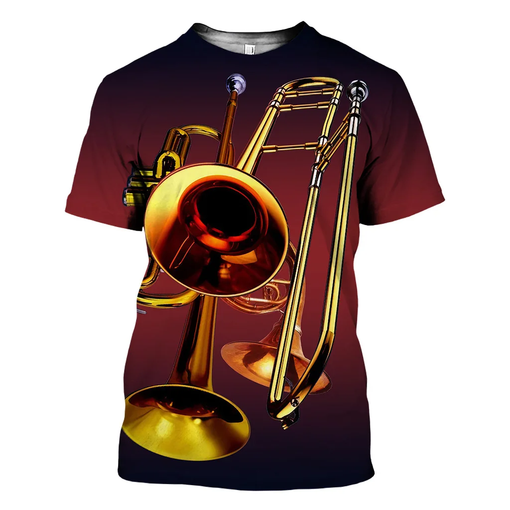 Jazz 3D Print Sax Guitar Clarinet Men\'s T-shirt Classic Music Instruments Short Sleeve Hip Hop Pop Casual Tees Round Collar Tops