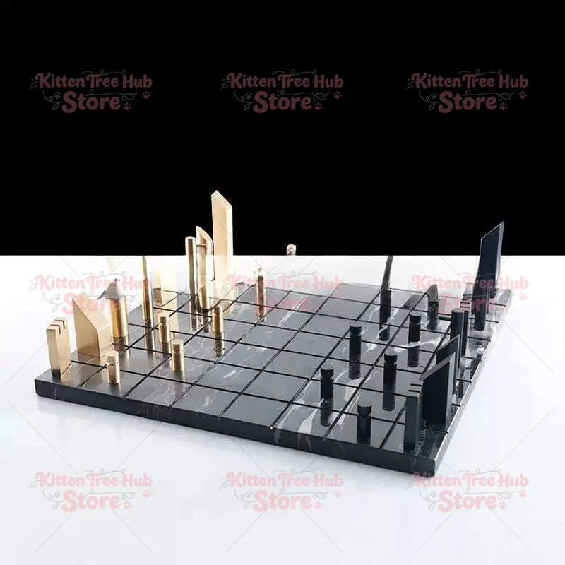 Golden Metal Chessboard with Marble Squares, Geometric Check King Game, Home Decor