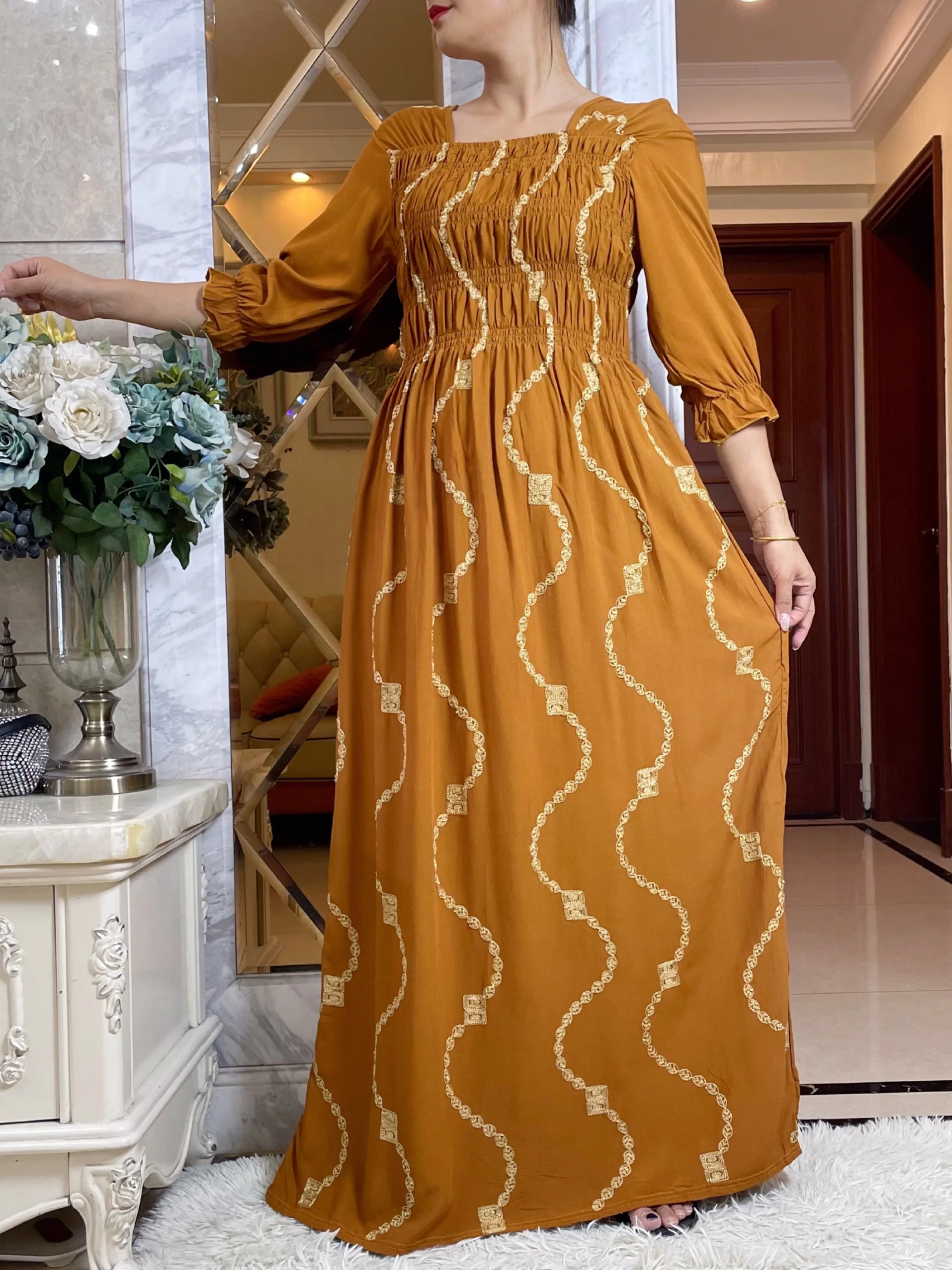 2024New African Women\'s Summer Quarter Sleeve Embroider Cotton Floral Dress Loose Caftan Abaya Waist Straight Casual Vestido