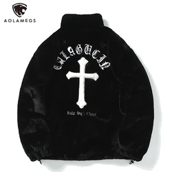 Men Rabbit Fur Jacket Coats Hip Hop Cross Letters Winter Fleece Jacket Streetwear Casual Harajuku Coat Zip Up Fashion Outerwear