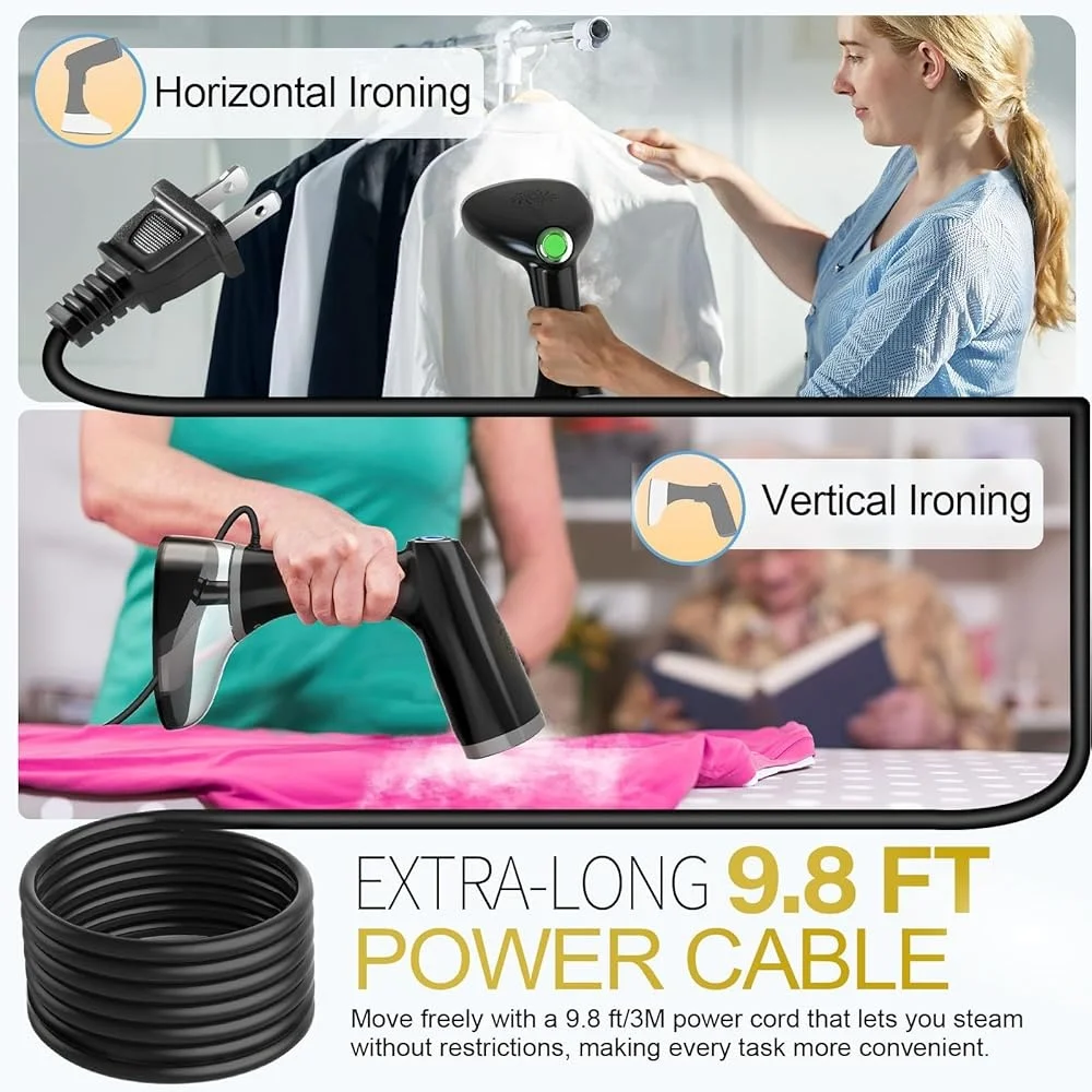 Vaporizador de ropa portátil de 1800W, vaporizador de ropa portátil de calentamiento rápido, tanque de 380ml, 3 ajustes de vapor, uso en viajes, cepillo para pelusas incluido