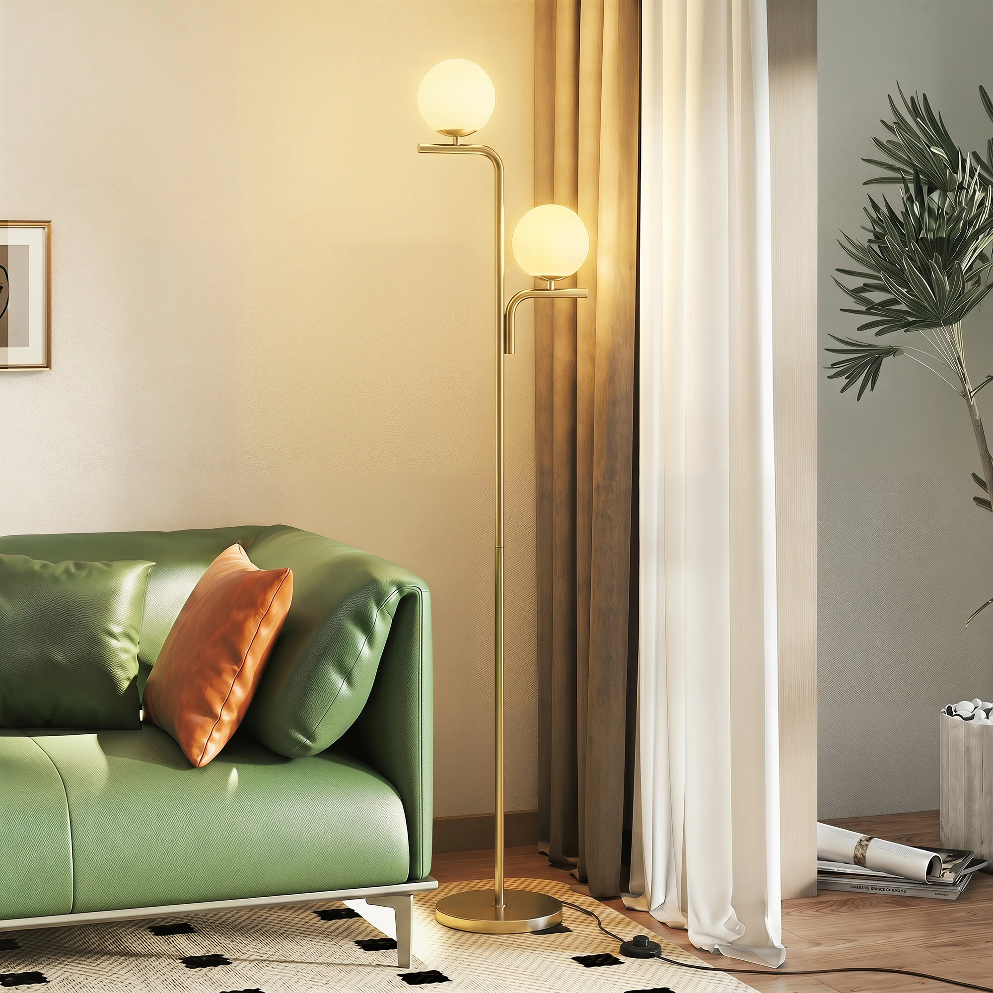 HOMCOM LED Stehlampe, Wohnzimmer Dimmbar Stehleuchte mit 3 Farbtemperaturen, Glaskugelschirme und Fußschalter, Standlampe mit 2 Glühbirnen, Stahlgestell für Schlafzimmer, Arbeitszimmer, Büro, Gold