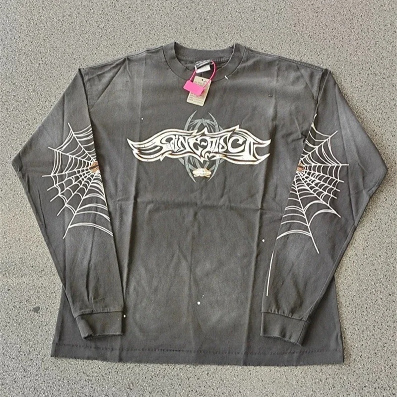 Saint Michael Oversized Men Long Sleeved T Shirts Black Washed Streetwear Pullovers