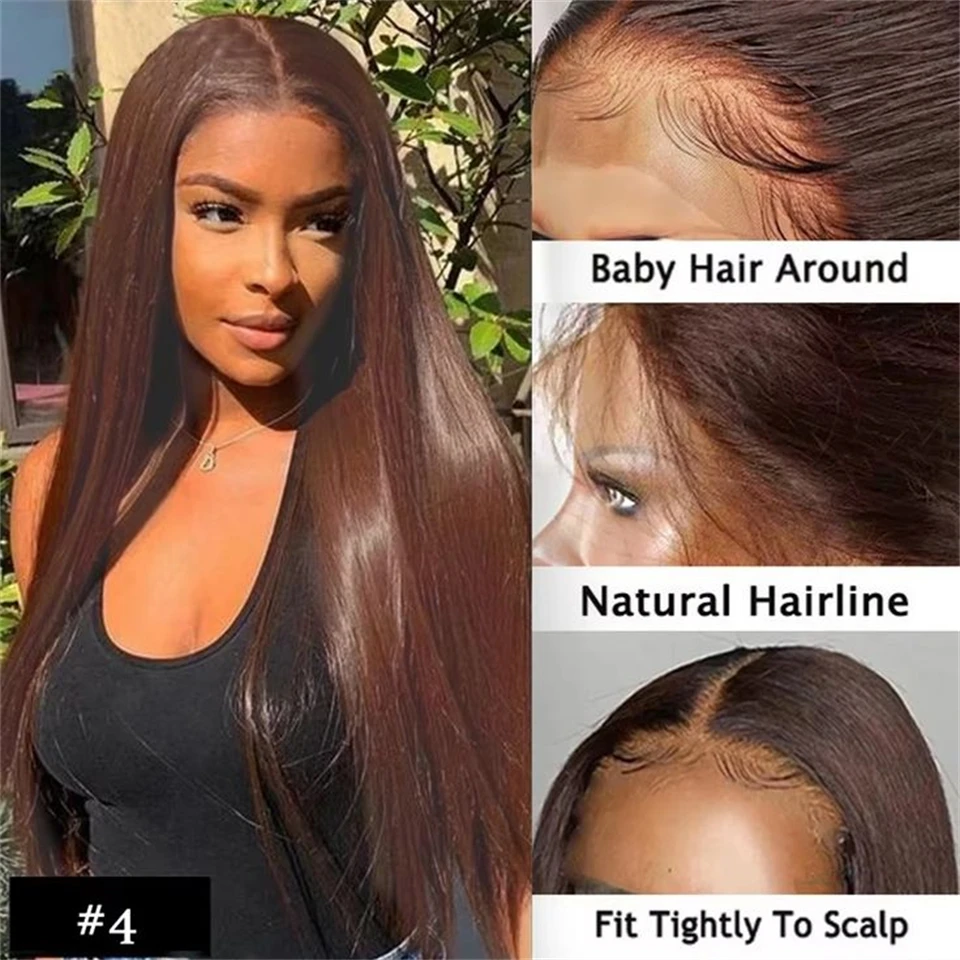 Chocolate Brown Straight Lace Front Wigs Human Hair Wig Glueless 13X4 Frontal Lace #4 Chestnut Color Peruvian Remy Hair 34 Inch