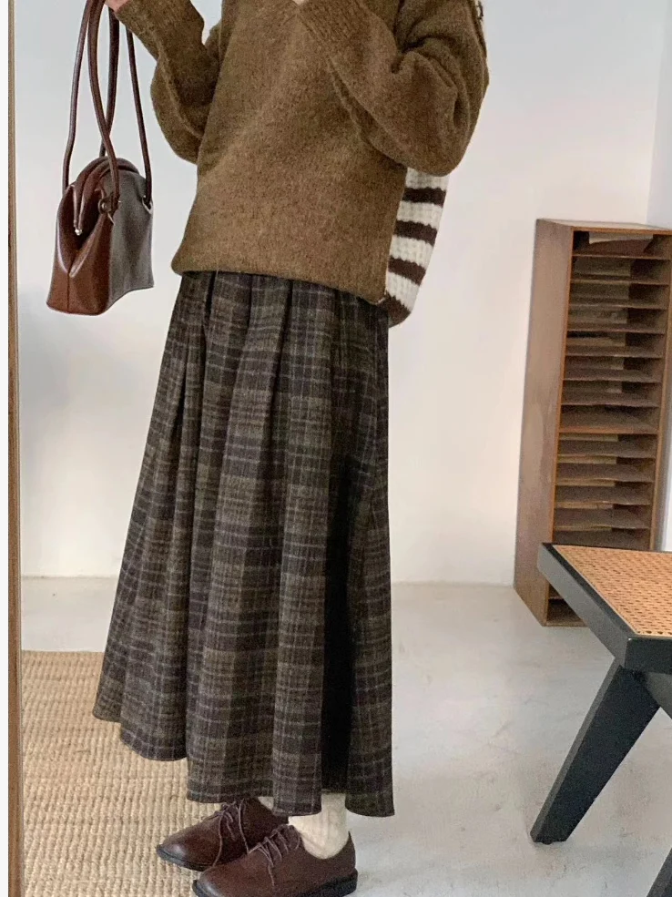 High Waist Plaid A-Line  Skirt Women's Loose Casual Versatile Woolen Skirt Korean Style Commute Warmth Non-Elastic Waist