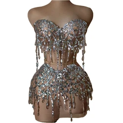 Vestido brillante de lentejuelas transparentes de malla sin mangas para mujer, traje de escenario de bailarina, ropa de club nocturno, traje de Pole Jazz Queen Drag Queen