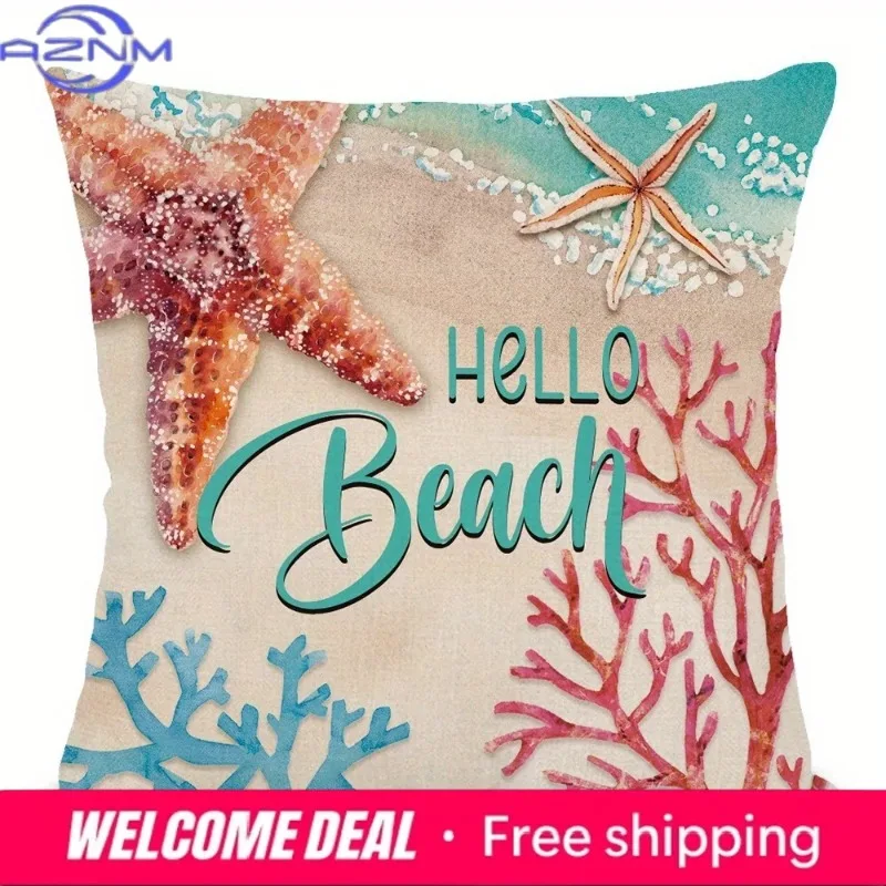 Home Decor Hello Beach Starfish Floral Throw Pillow Covers Pattern Cushion Cover Suitable For Sofa Bedroom Car Pillow Cover